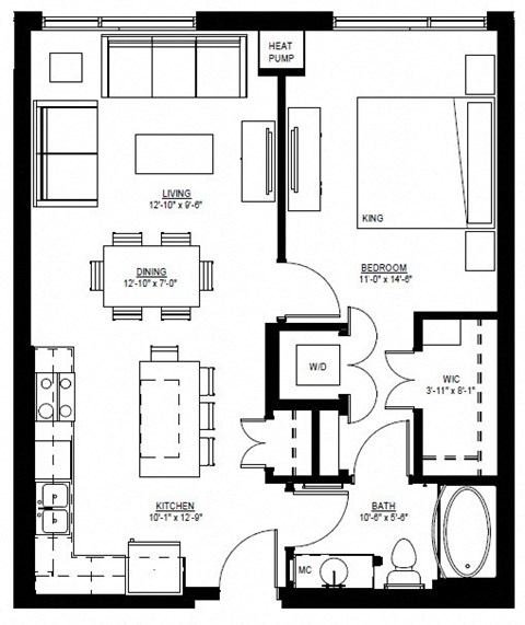 Floor plan for 1 bed, 1 bath, 759 sqft